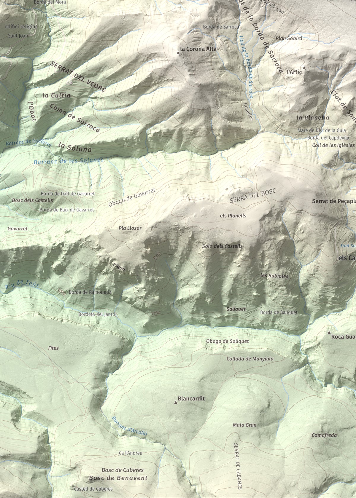 Mapa de relieve de Les Piques, 1969 m, Alt Urgell, lámina 100 Cims de Trobart. Detalle de la zona inferior izquierda. 50 × 70 cm.