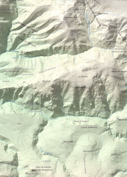Mapa de relieve de Les Piques, 1969 m, Alt Urgell, lámina 100 Cims de Trobart. Detalle de la zona inferior izquierda. 50 × 70 cm.