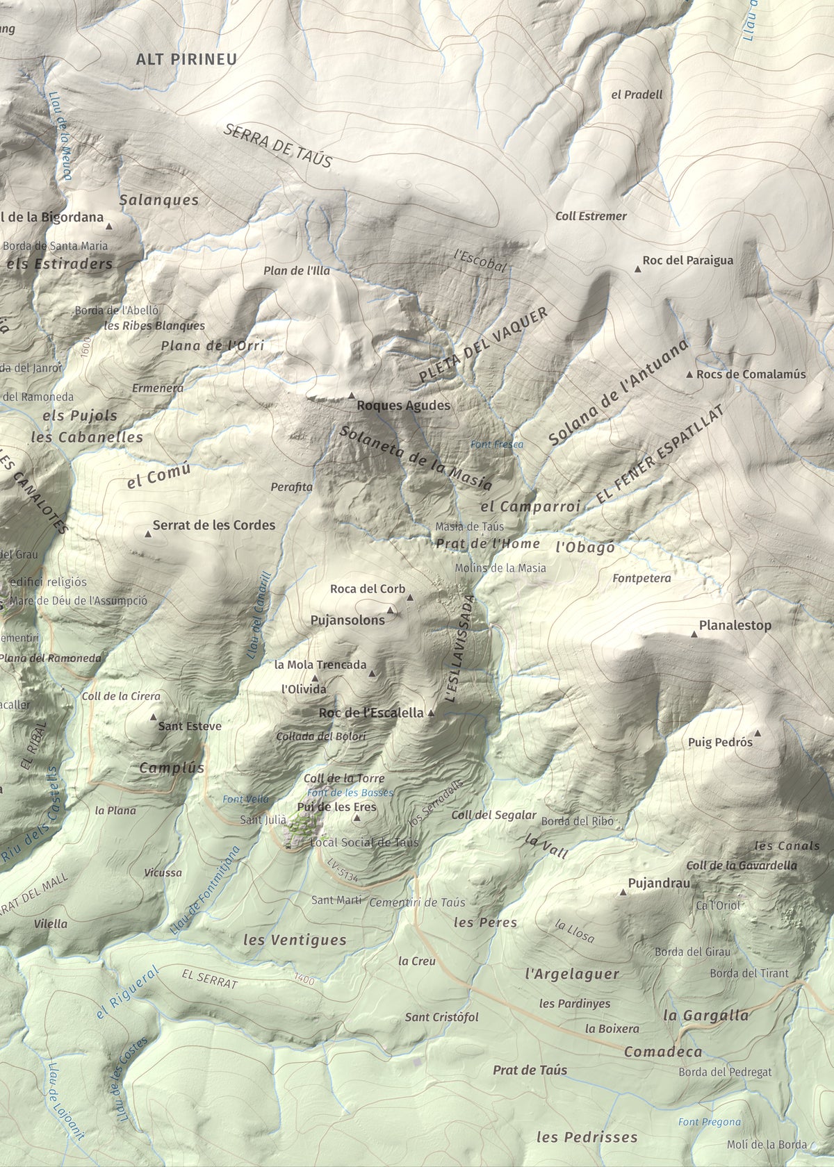 Mapa de relieve de Les Piques, 1969 m, Alt Urgell, lámina 100 Cims de Trobart. Detalle de la zona inferior derecha. 50 × 70 cm.