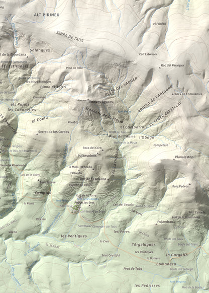 Mapa de relieve de Les Piques, 1969 m, Alt Urgell, lámina 100 Cims de Trobart. Detalle de la zona inferior derecha. 50 × 70 cm.