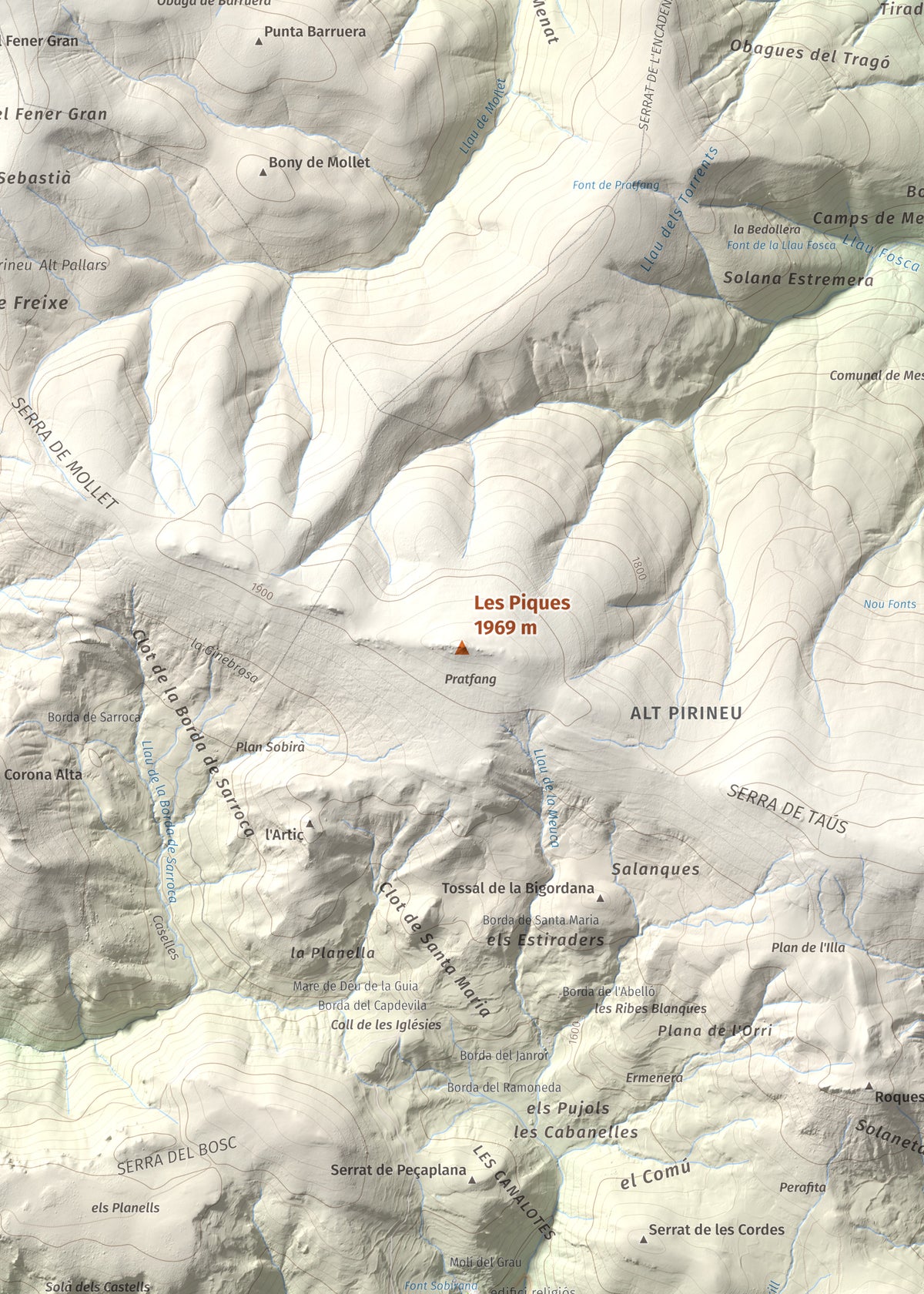 Mapa de relieve de Les Piques, 1969 m, Alt Urgell, lámina 100 Cims de Trobart. Detalle de la zona central. 50 × 70 cm.