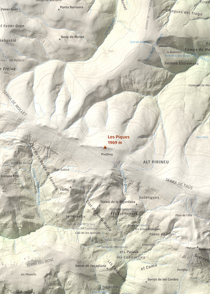 Mapa de relieve de Les Piques, 1969 m, Alt Urgell, lámina 100 Cims de Trobart. Detalle de la zona central. 50 × 70 cm.