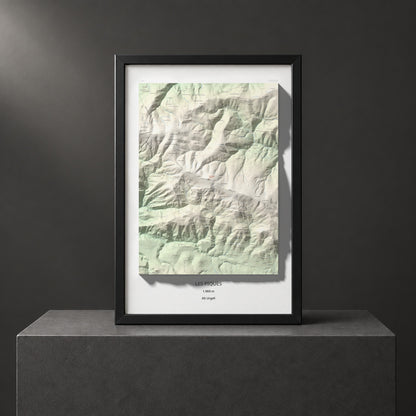 Mapa de relieve de Les Piques, 1969 m, Alt Urgell, lámina 100 Cims de Trobart. Presentación enmarcada. 61 × 91 cm.