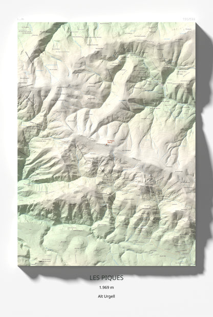 Mapa de relieve de Les Piques, 1969 m, Alt Urgell, lámina 100 Cims de Trobart 61 × 91 cm.