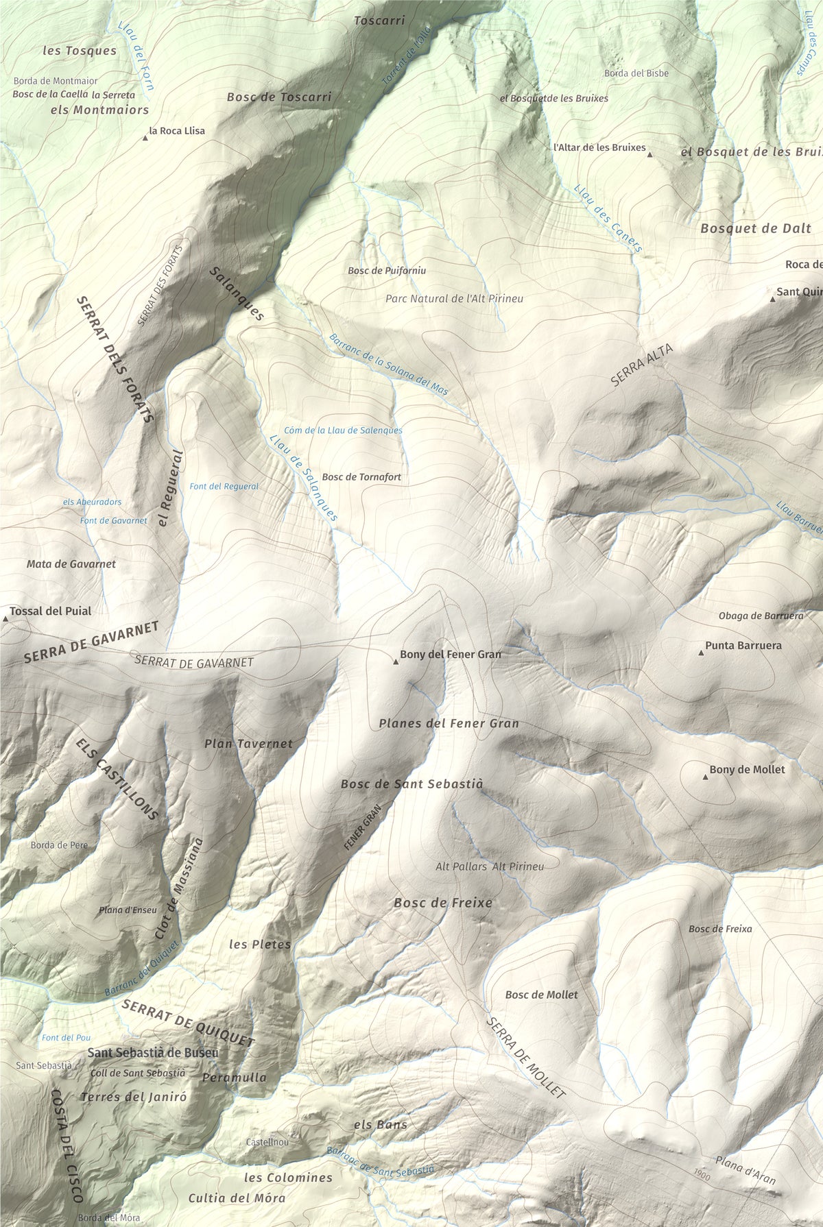 Mapa de relieve de Les Piques, 1969 m, Alt Urgell, lámina 100 Cims de Trobart. Detalle de la zona superior izquierda. 61 × 91 cm.