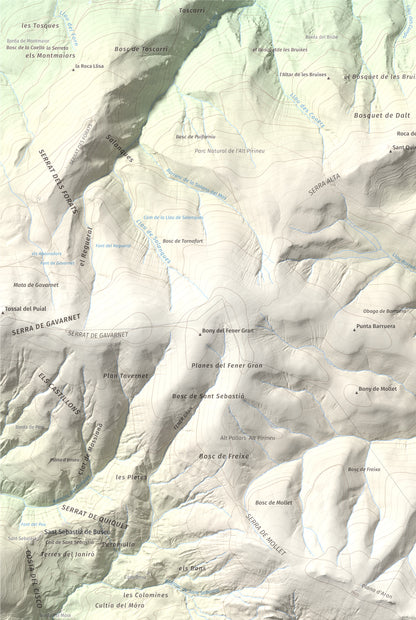 Mapa de relieve de Les Piques, 1969 m, Alt Urgell, lámina 100 Cims de Trobart. Detalle de la zona superior izquierda. 61 × 91 cm.
