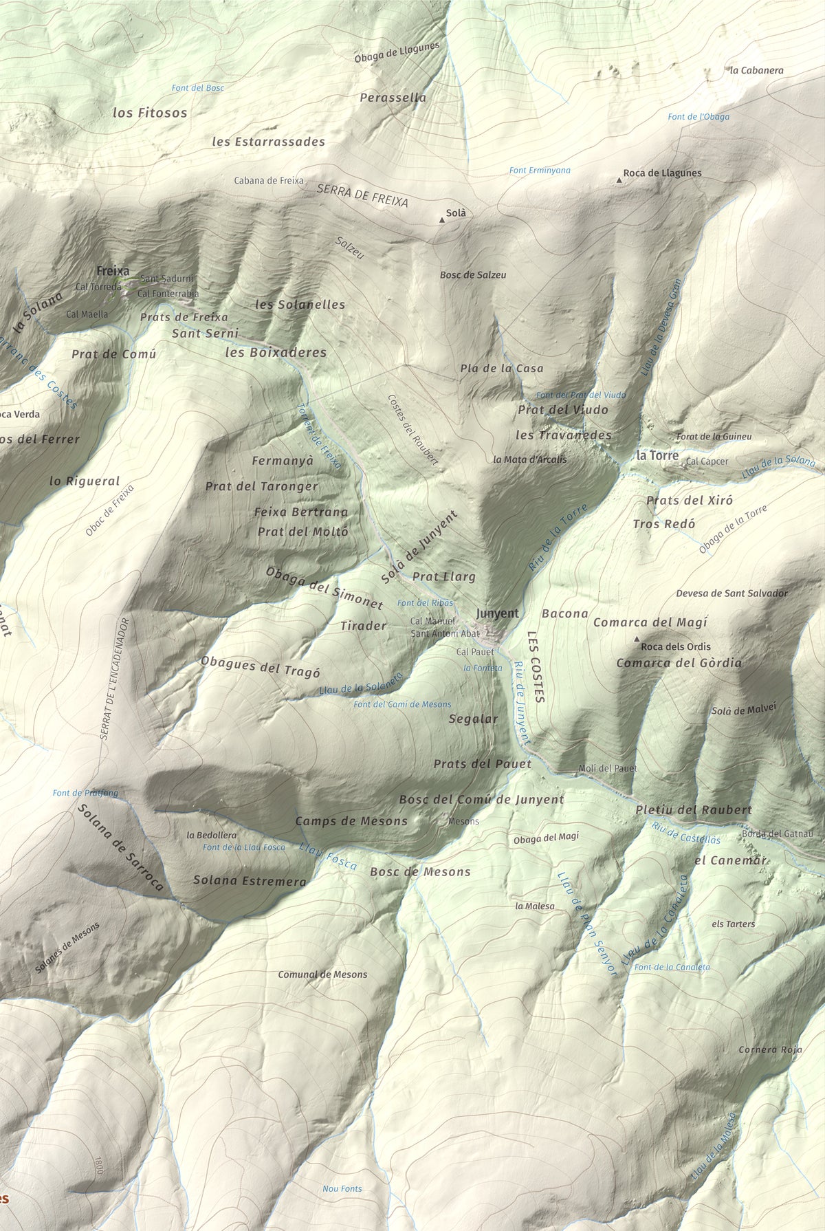 Mapa de relieve de Les Piques, 1969 m, Alt Urgell, lámina 100 Cims de Trobart. Detalle de la zona superior derecha. 61 × 91 cm.