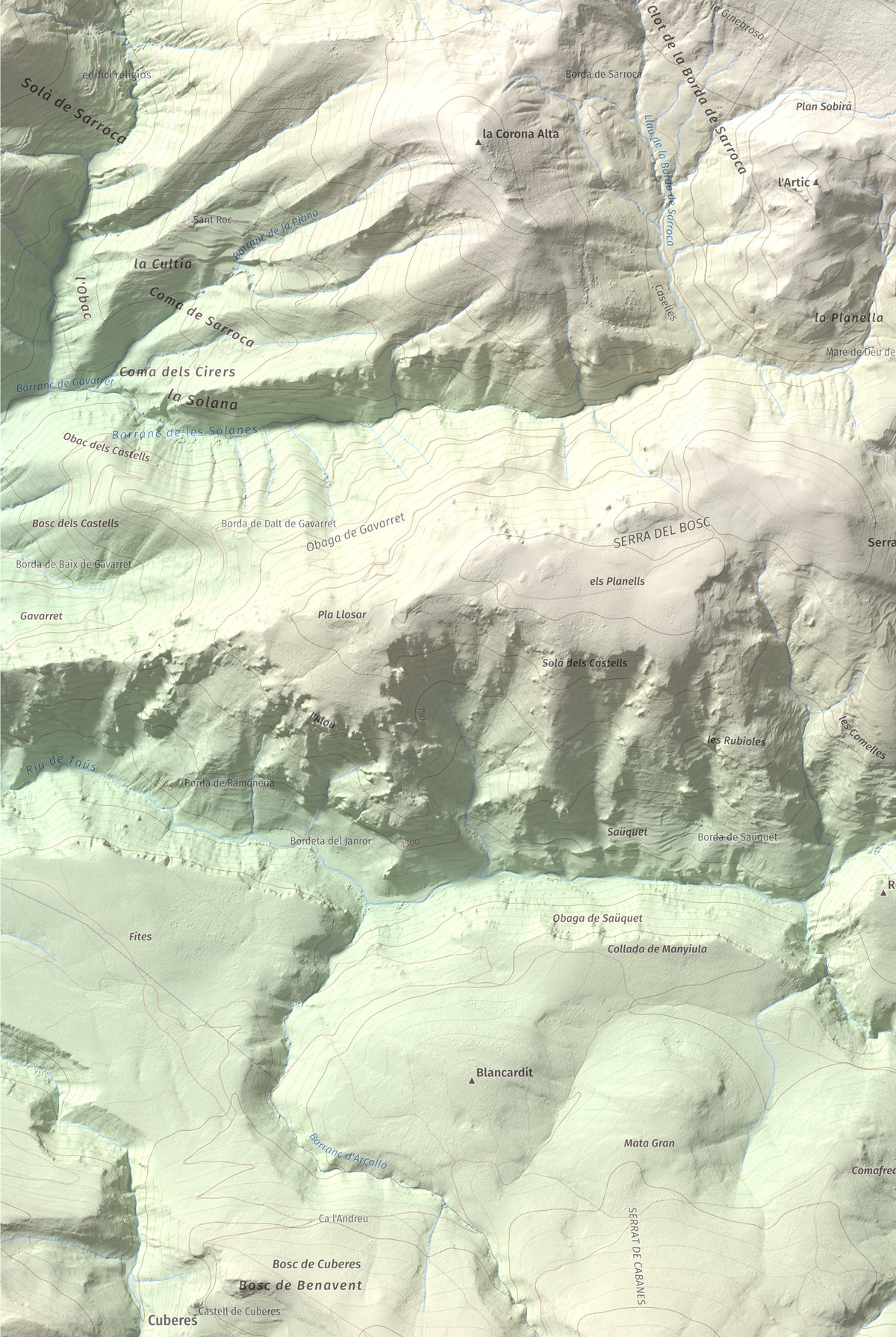 Mapa de relieve de Les Piques, 1969 m, Alt Urgell, lámina 100 Cims de Trobart. Detalle de la zona inferior izquierda. 61 × 91 cm.