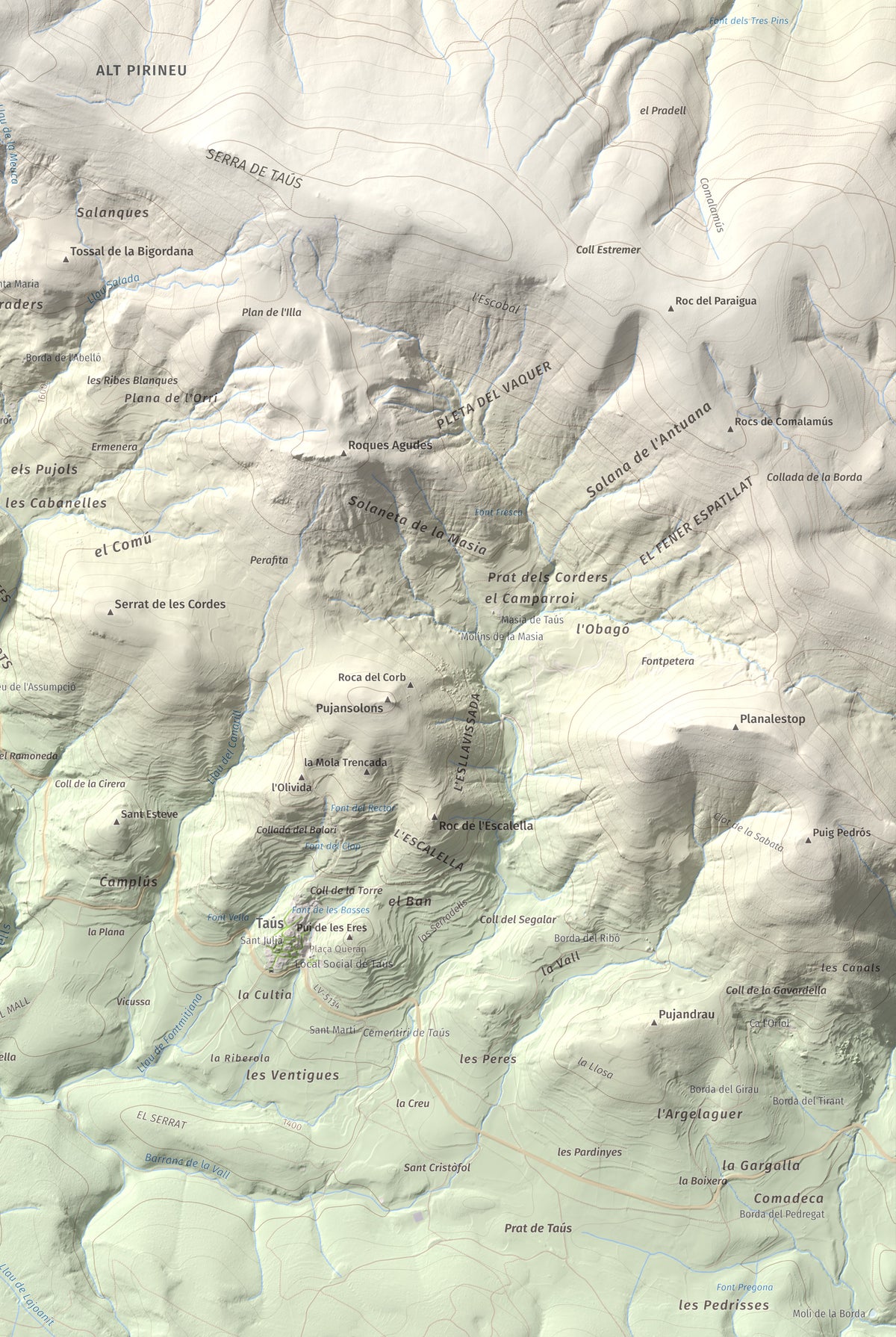 Mapa de relieve de Les Piques, 1969 m, Alt Urgell, lámina 100 Cims de Trobart. Detalle de la zona inferior derecha. 61 × 91 cm.