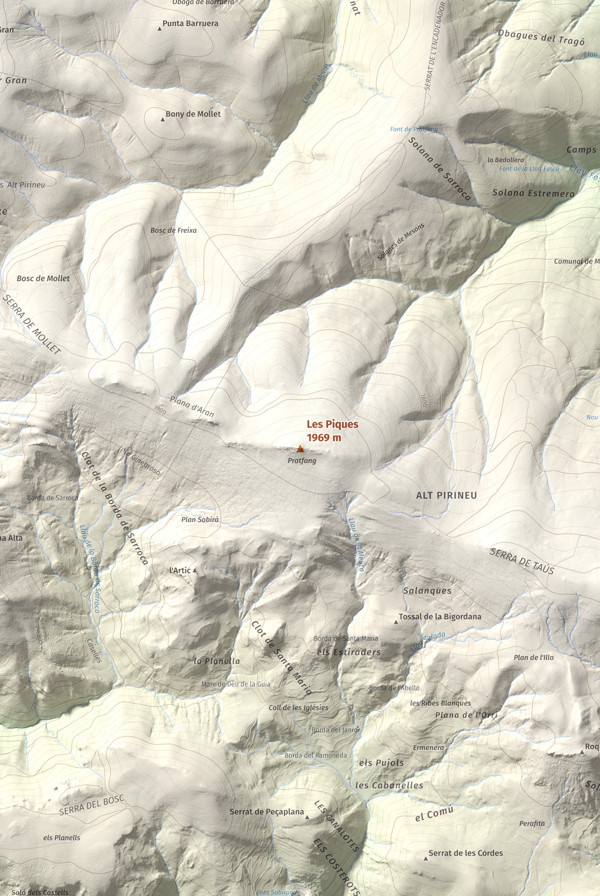 Mapa de relieve de Les Piques, 1969 m, Alt Urgell, lámina 100 Cims de Trobart. Detalle de la zona central. 61 × 91 cm.