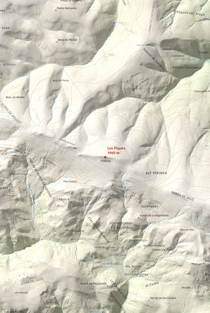 Mapa de relieve de Les Piques, 1969 m, Alt Urgell, lámina 100 Cims de Trobart. Detalle de la zona central. 61 × 91 cm.