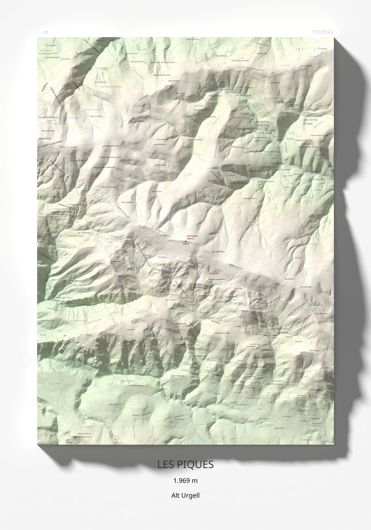 Mapa de relieve de Les Piques, 1969 m, Alt Urgell, lámina 100 Cims de Trobart 70 × 100 cm.