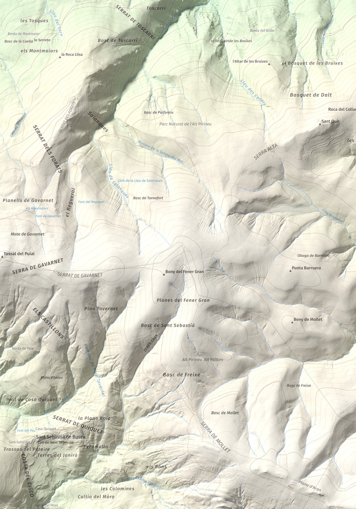 Mapa de relieve de Les Piques, 1969 m, Alt Urgell, lámina 100 Cims de Trobart. Detalle de la zona superior izquierda. 70 × 100 cm.