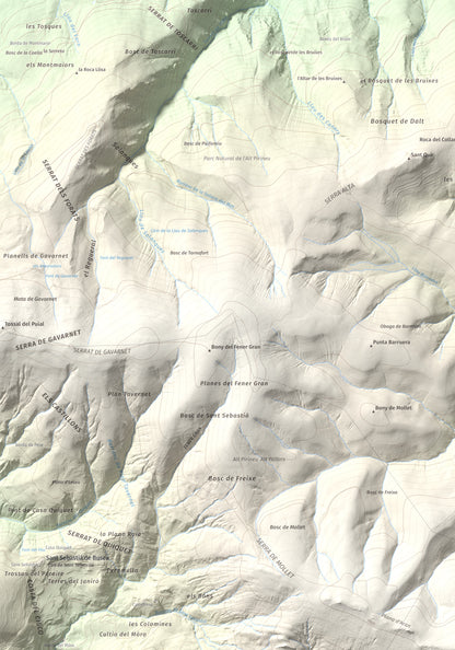 Mapa de relieve de Les Piques, 1969 m, Alt Urgell, lámina 100 Cims de Trobart. Detalle de la zona superior izquierda. 70 × 100 cm.