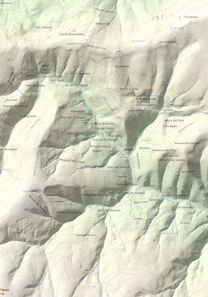Mapa de relieve de Les Piques, 1969 m, Alt Urgell, lámina 100 Cims de Trobart. Detalle de la zona superior derecha. 70 × 100 cm.