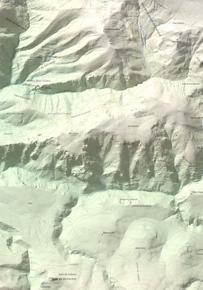 Mapa de relieve de Les Piques, 1969 m, Alt Urgell, lámina 100 Cims de Trobart. Detalle de la zona inferior izquierda. 70 × 100 cm.
