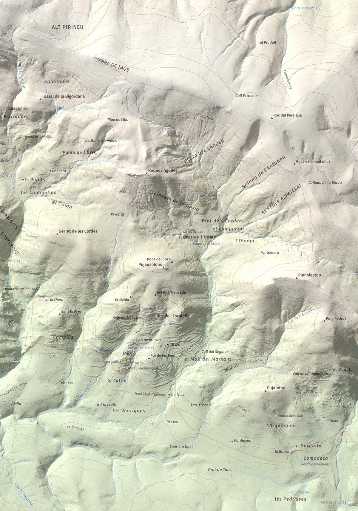 Mapa de relieve de Les Piques, 1969 m, Alt Urgell, lámina 100 Cims de Trobart. Detalle de la zona inferior derecha. 70 × 100 cm.