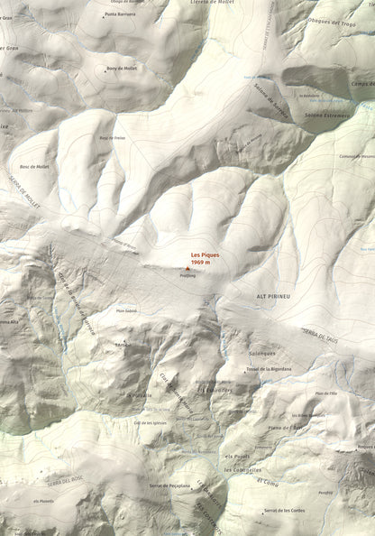 Mapa de relieve de Les Piques, 1969 m, Alt Urgell, lámina 100 Cims de Trobart. Detalle de la zona central. 70 × 100 cm.
