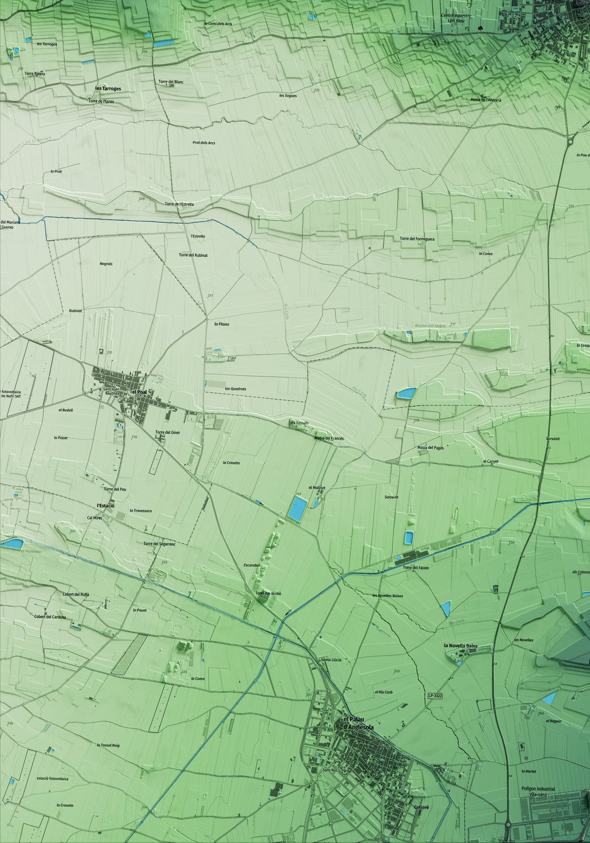 Mapa artístico del relieve de Linyola, en el Pla d'Urgell, con 15 km de entorno y base topográfica ICGC. Detalle de la zona inferior izquierda.