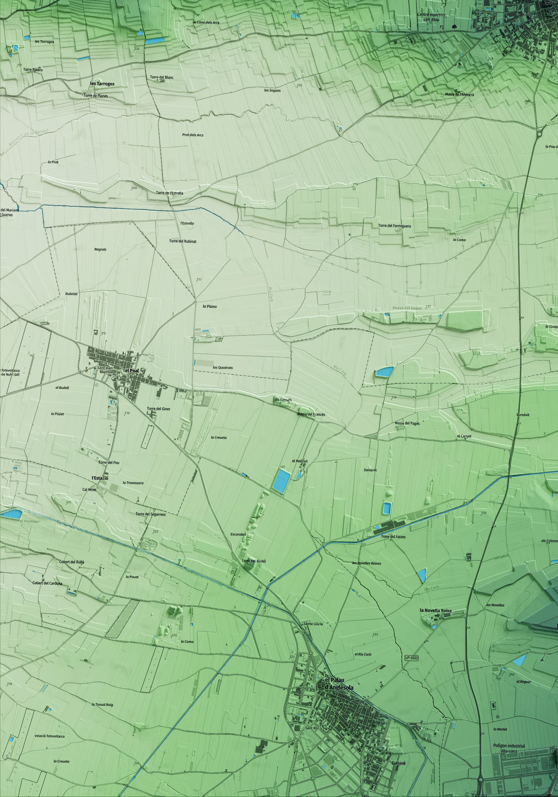 Mapa artístico del relieve de Linyola, en el Pla d'Urgell, con 15 km de entorno y base topográfica ICGC. Detalle de la zona inferior izquierda.