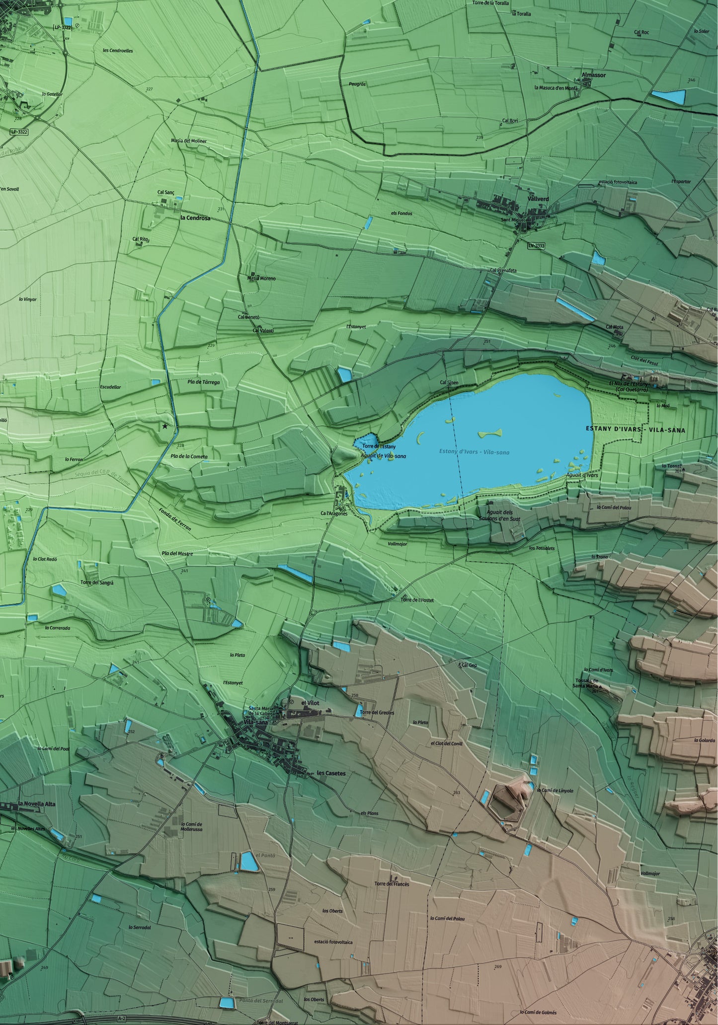 Mapa artístico del relieve de Linyola, en el Pla d'Urgell, con 15 km de entorno y base topográfica ICGC. Detalle de la zona inferior derecha.