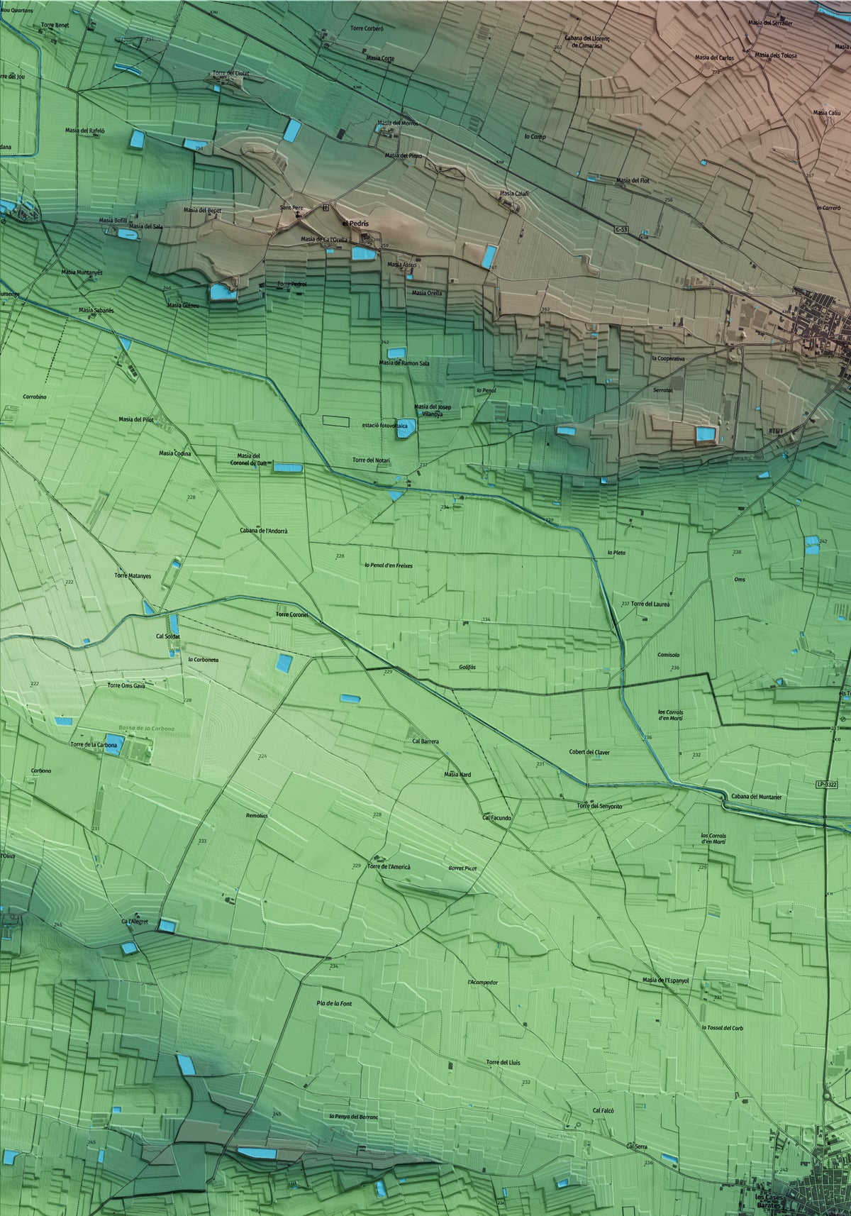 Mapa artístico del relieve de Linyola, en el Pla d'Urgell, con 15 km de entorno y base topográfica ICGC. Detalle de la zona superior izquierda.