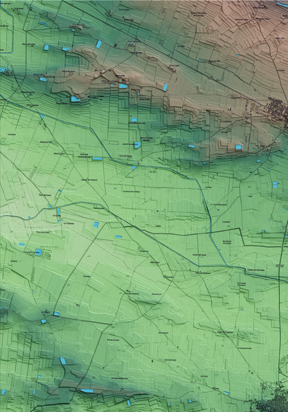 Mapa artístico del relieve de Linyola, en el Pla d'Urgell, con 15 km de entorno y base topográfica ICGC. Detalle de la zona superior izquierda.