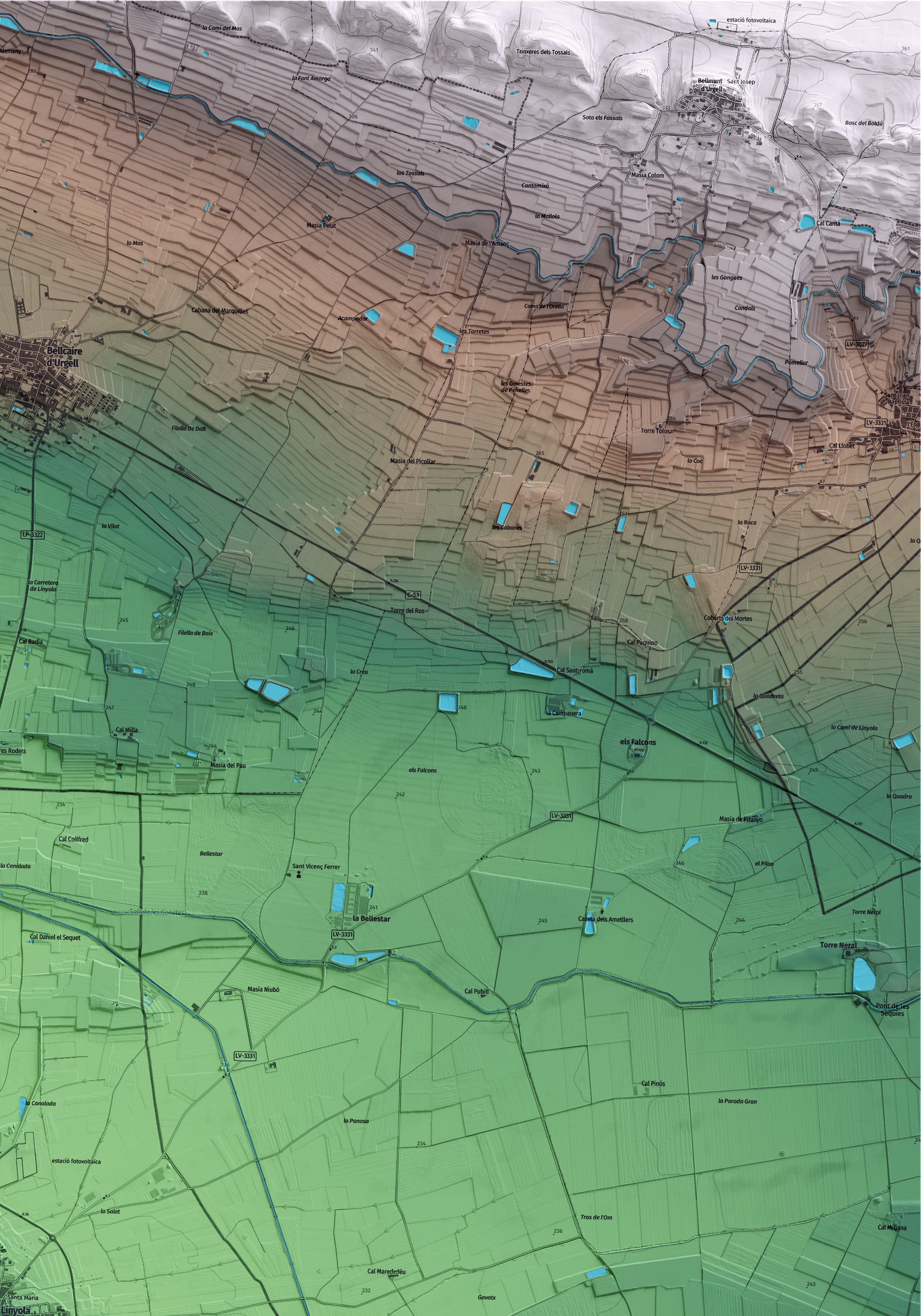 Mapa artístico del relieve de Linyola, en el Pla d'Urgell, con 15 km de entorno y base topográfica ICGC. Detalle de la zona superior derecha.