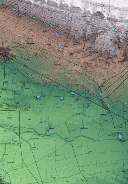 Mapa artístico del relieve de Linyola, en el Pla d'Urgell, con 15 km de entorno y base topográfica ICGC. Detalle de la zona superior derecha.