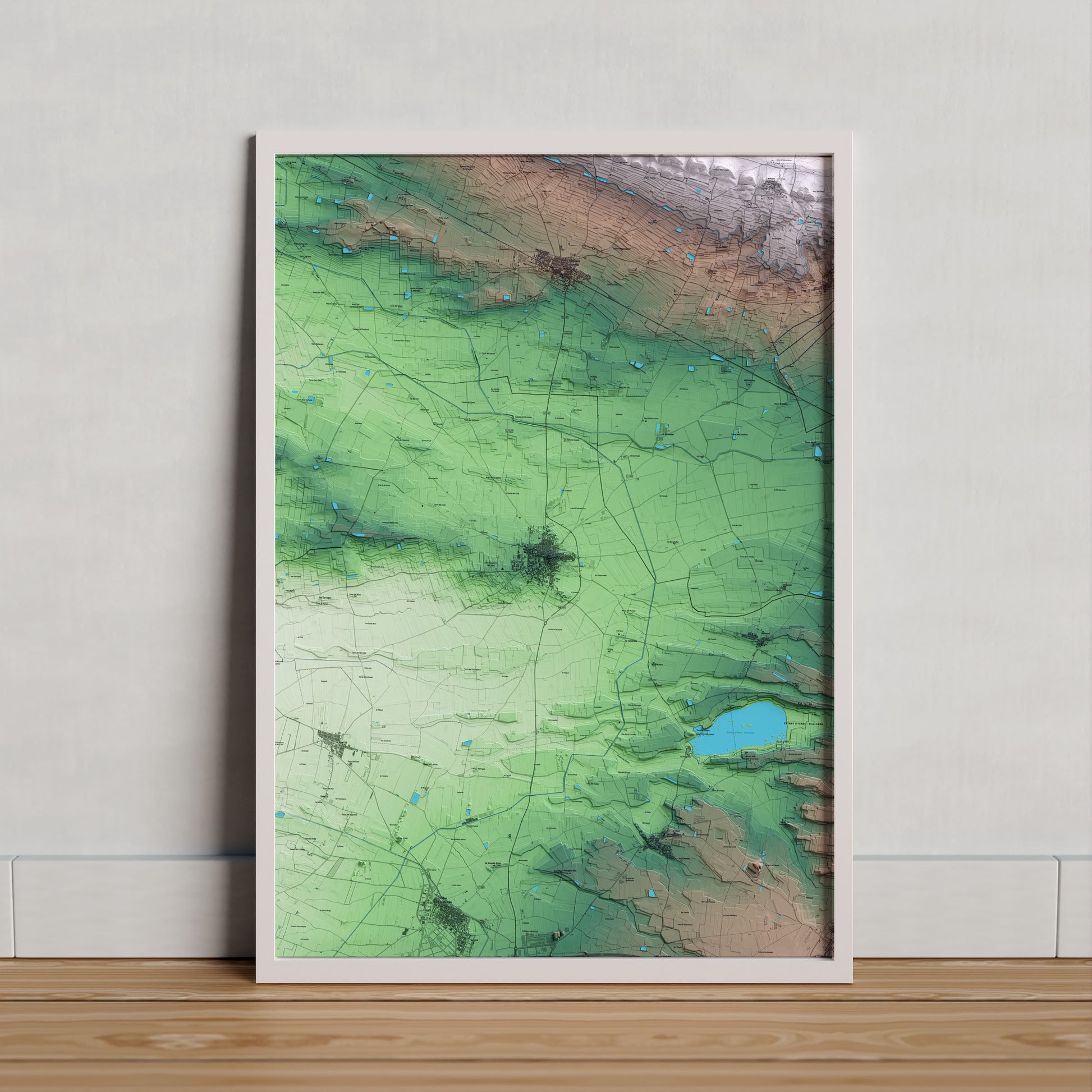 Mapa artístico del relieve de Linyola, en el Pla d'Urgell, con 15 km de entorno y base topográfica ICGC. Presentación enmarcada.