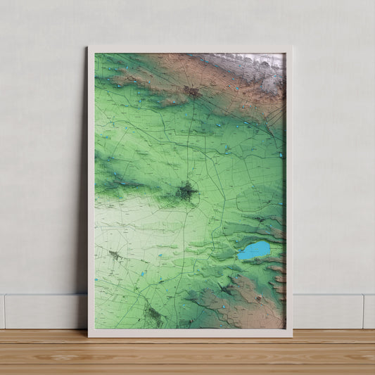 Mapa artístico del relieve de Linyola, en el Pla d'Urgell, con 15 km de entorno y base topográfica ICGC. Presentación enmarcada.