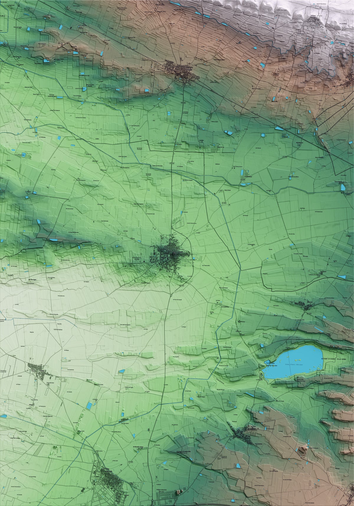 Mapa artístico del relieve de Linyola, en el Pla d'Urgell, con 15 km de entorno y base topográfica ICGC