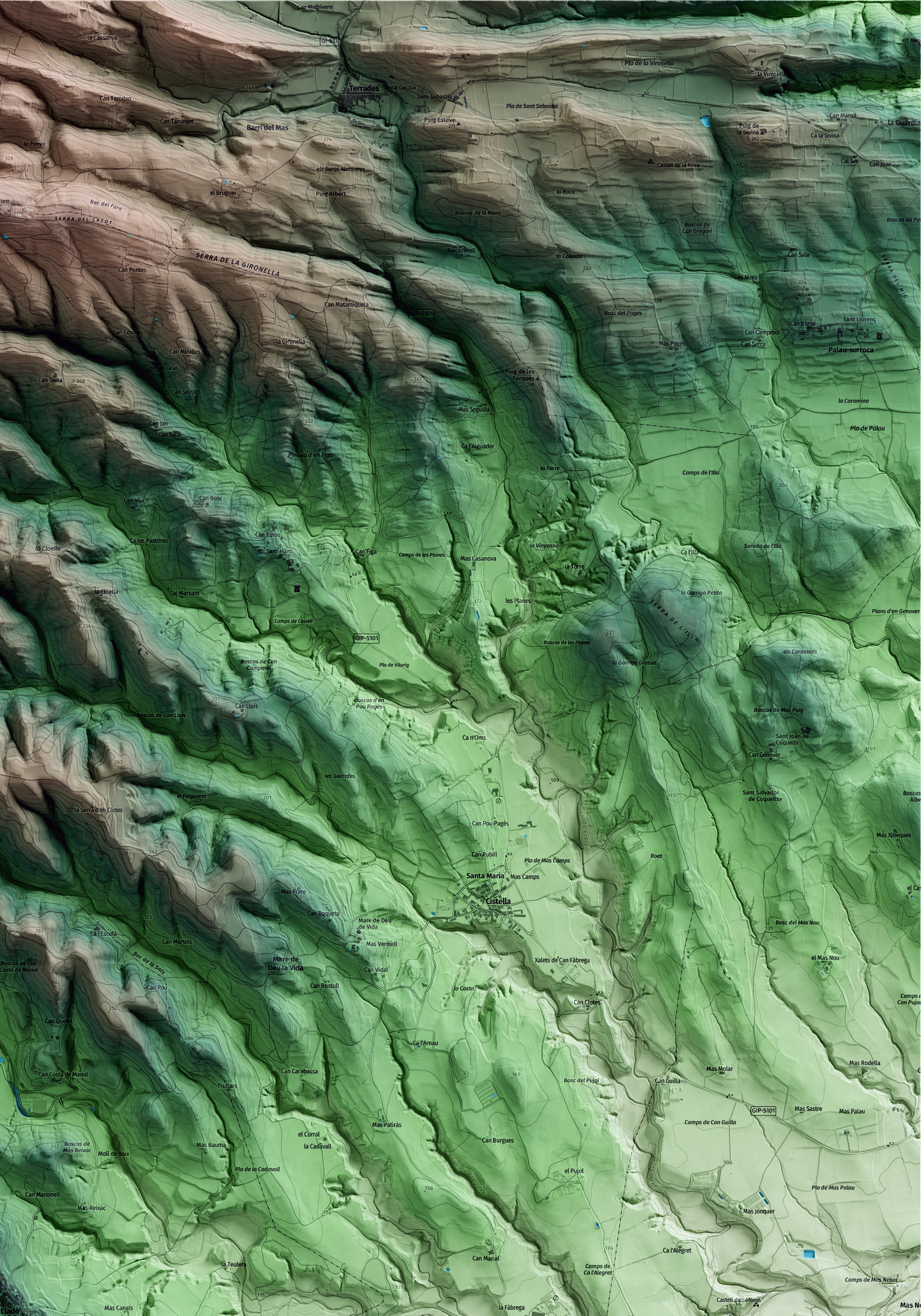 Mapa artístico del relieve de Lladó, al Alt Empordà, con 15 km de entorno y base topográfica ICGC. Detalle de la zona superior derecha.