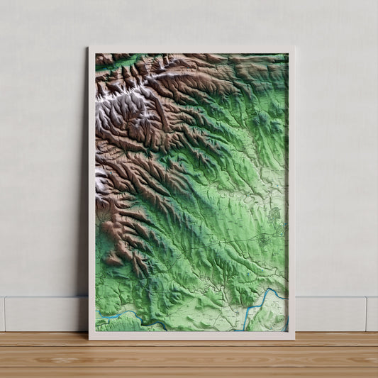 Mapa artístico del relieve de Lladó, al Alt Empordà, con 15 km de entorno y base topográfica ICGC. Presentación enmarcada.