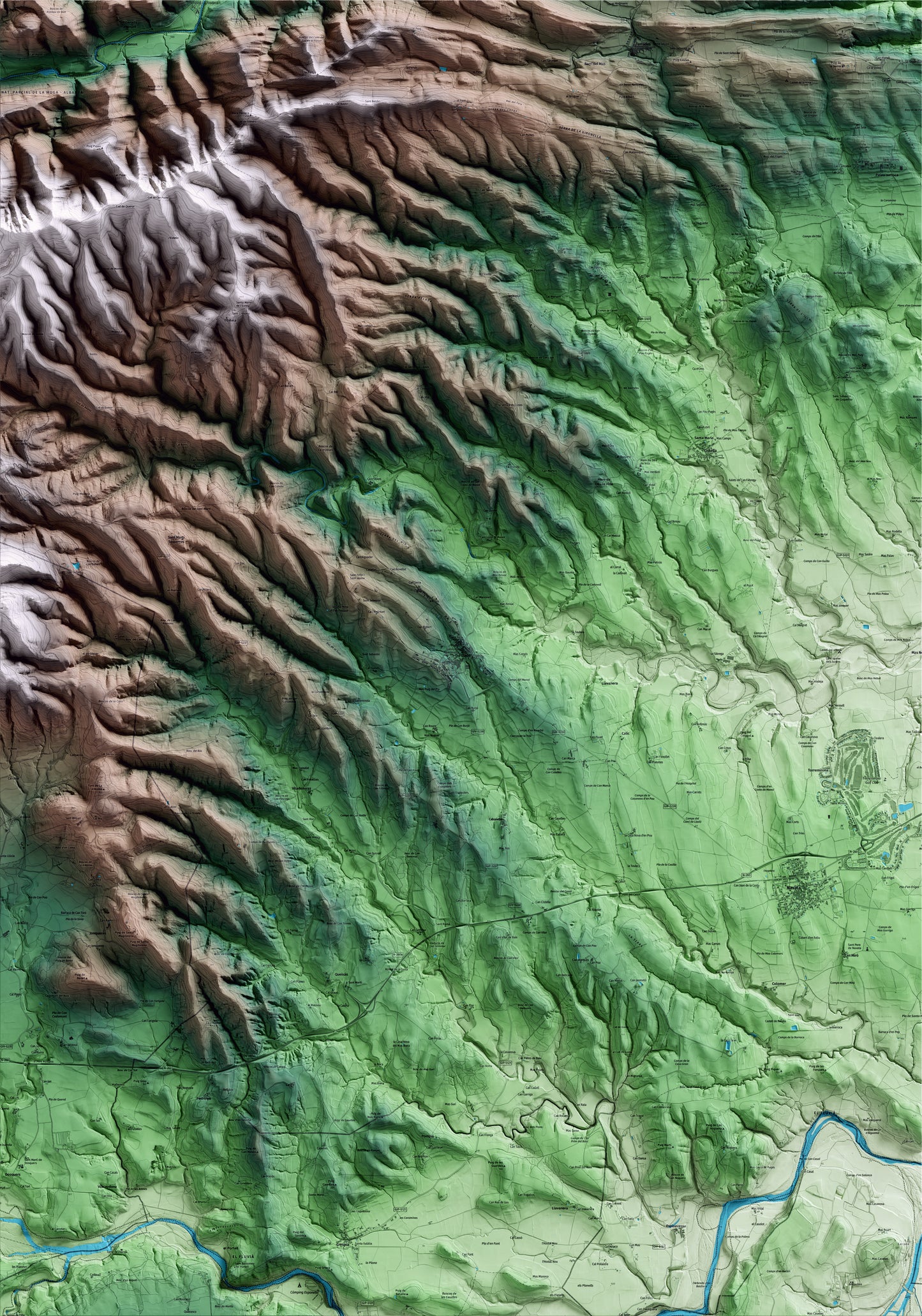 Mapa artístico del relieve de Lladó, al Alt Empordà, con 15 km de entorno y base topográfica ICGC