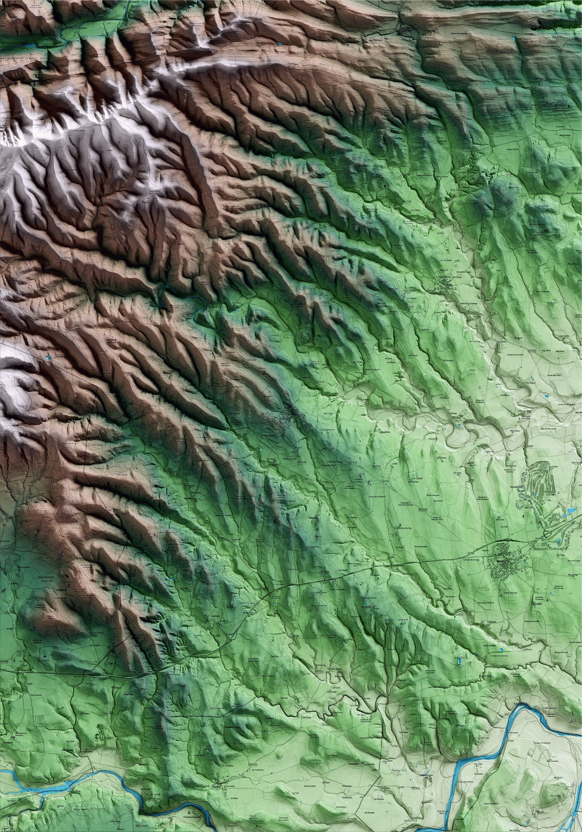 Mapa artístico del relieve de Lladó, al Alt Empordà, con 15 km de entorno y base topográfica ICGC
