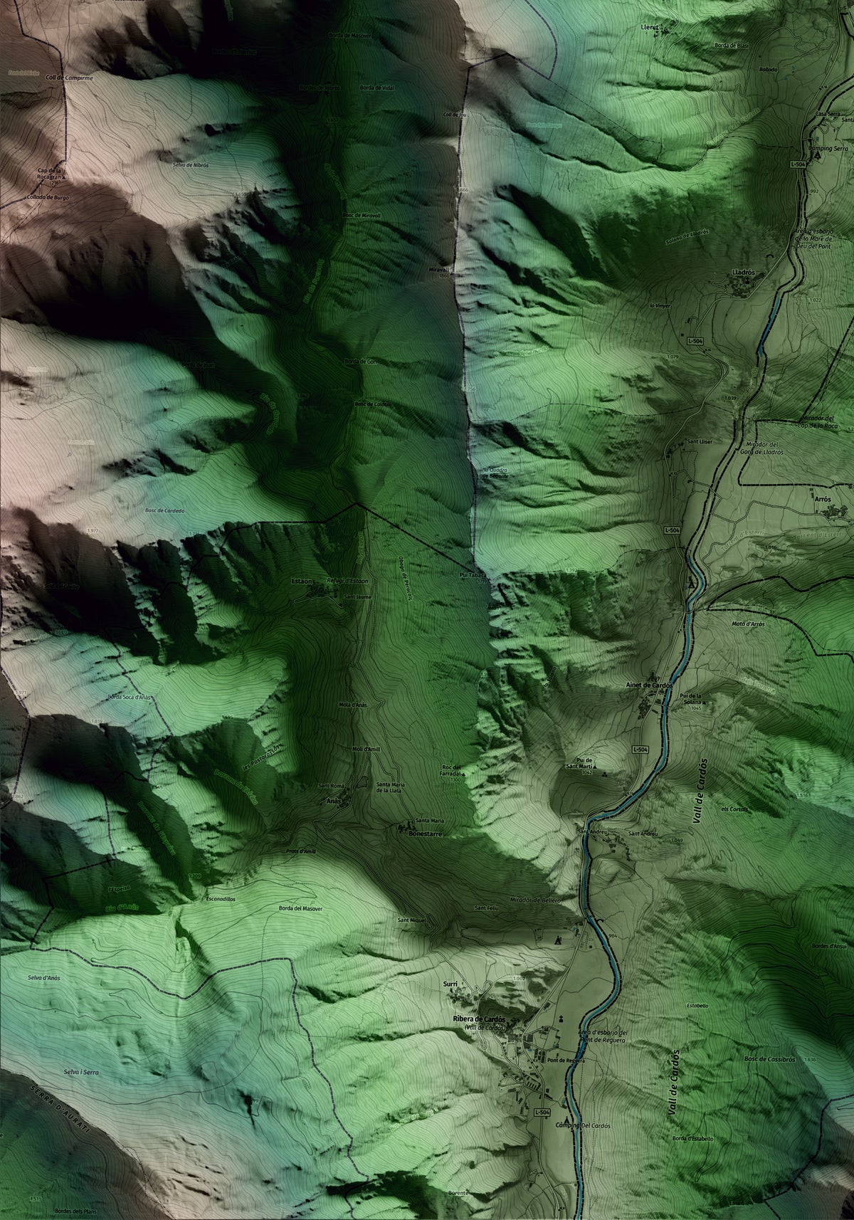 Mapa artístico del relieve de Lladorre, al Pallars Sobirà, con 15 km de entorno y base topográfica ICGC. Detalle de la zona inferior izquierda.