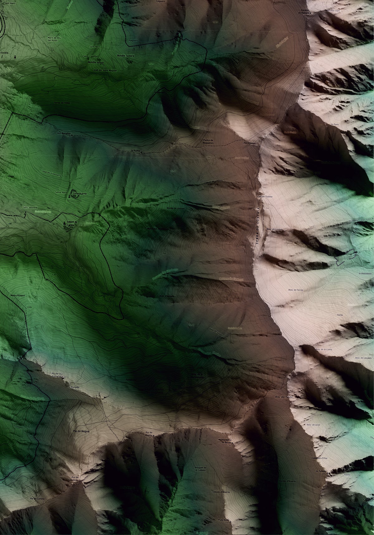 Mapa artístico del relieve de Lladorre, al Pallars Sobirà, con 15 km de entorno y base topográfica ICGC. Detalle de la zona inferior derecha.
