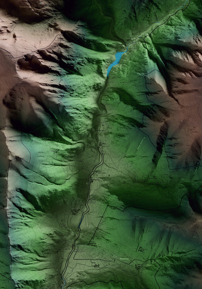 Mapa artístico del relieve de Lladorre, al Pallars Sobirà, con 15 km de entorno y base topográfica ICGC. Detalle de la zona central.