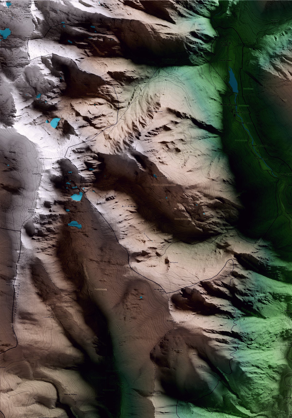 Mapa artístico del relieve de Lladorre, al Pallars Sobirà, con 15 km de entorno y base topográfica ICGC. Detalle de la zona superior izquierda.
