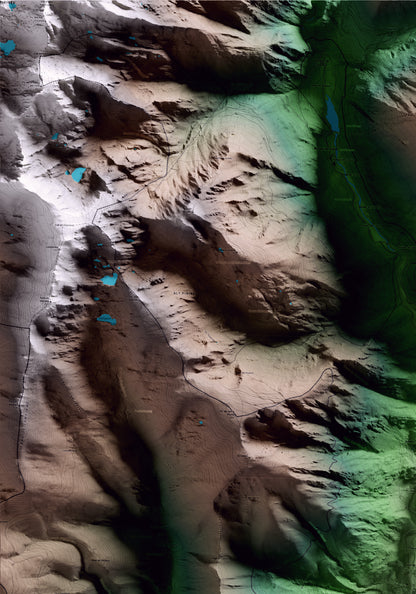 Mapa artístico del relieve de Lladorre, al Pallars Sobirà, con 15 km de entorno y base topográfica ICGC. Detalle de la zona superior izquierda.
