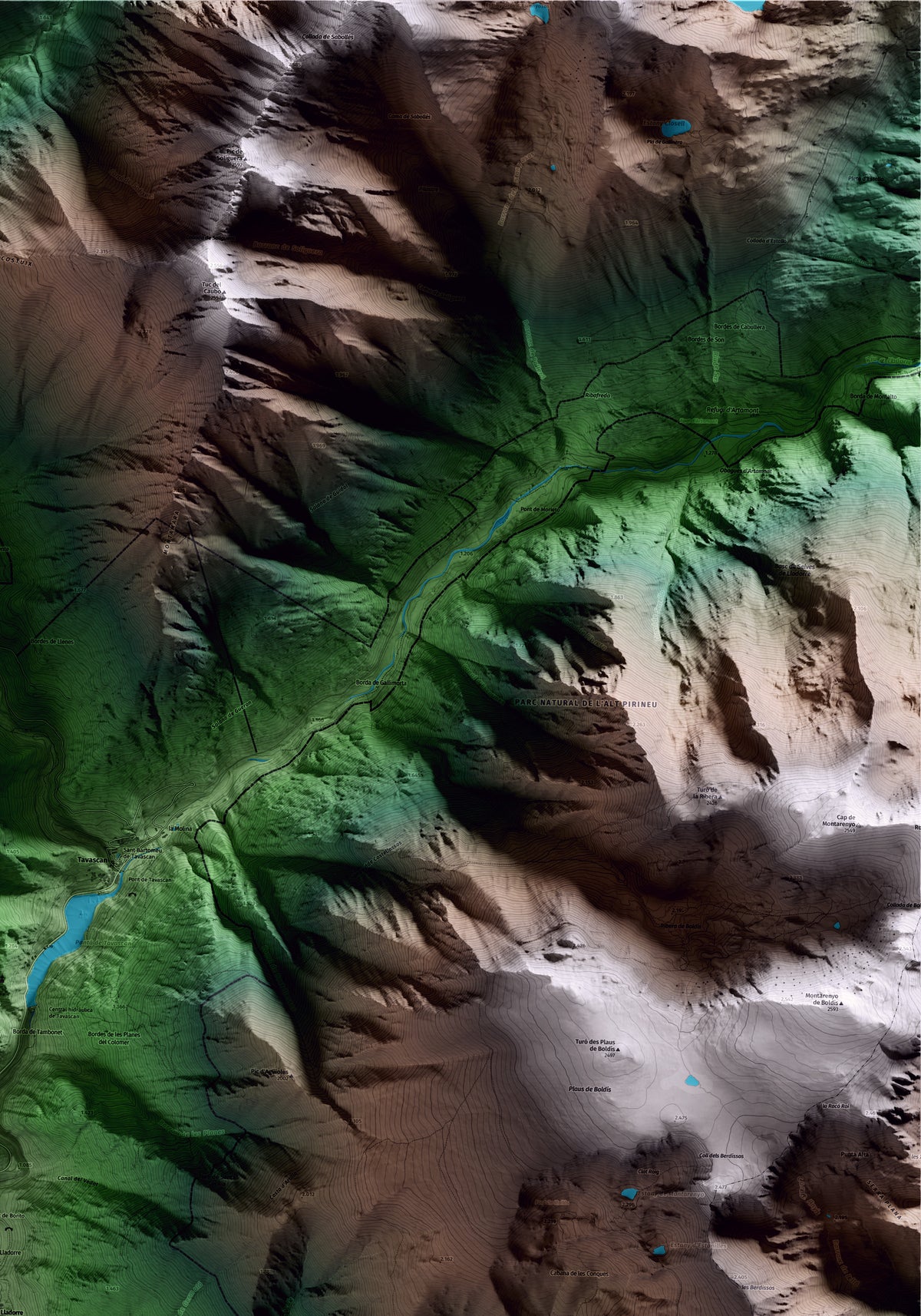 Mapa artístico del relieve de Lladorre, al Pallars Sobirà, con 15 km de entorno y base topográfica ICGC. Detalle de la zona superior derecha.