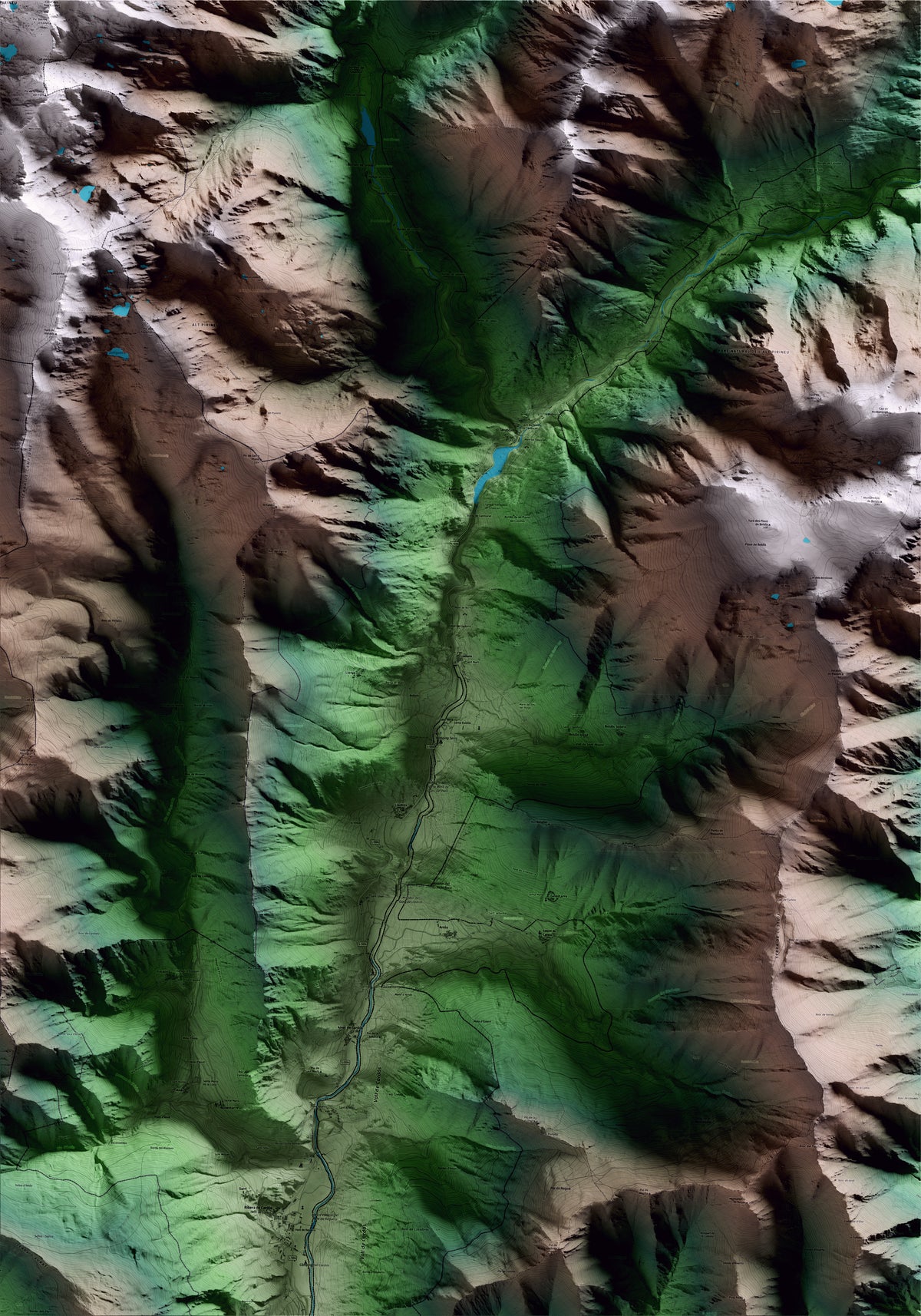 Mapa artístico del relieve de Lladorre, al Pallars Sobirà, con 15 km de entorno y base topográfica ICGC