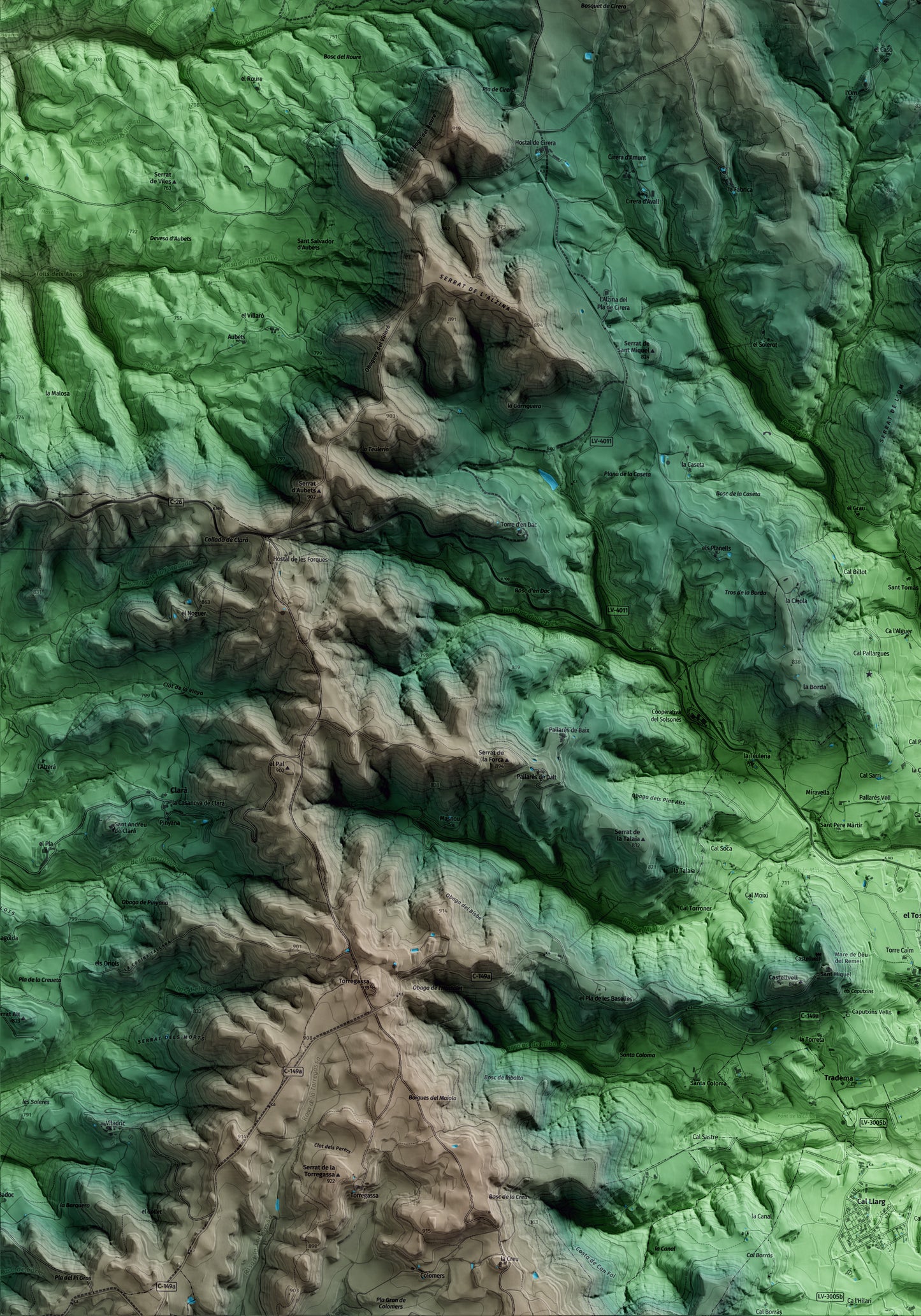 Mapa artístico del relieve de Lladurs, al Solsonès, con 15 km de entorno y base topográfica ICGC. Detalle de la zona inferior izquierda.