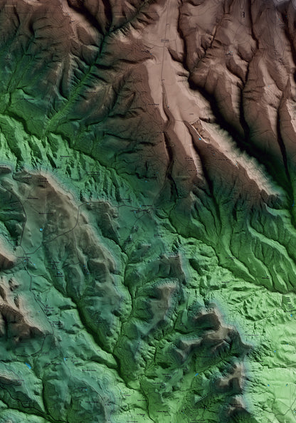Mapa artístico del relieve de Lladurs, al Solsonès, con 15 km de entorno y base topográfica ICGC. Detalle de la zona central.