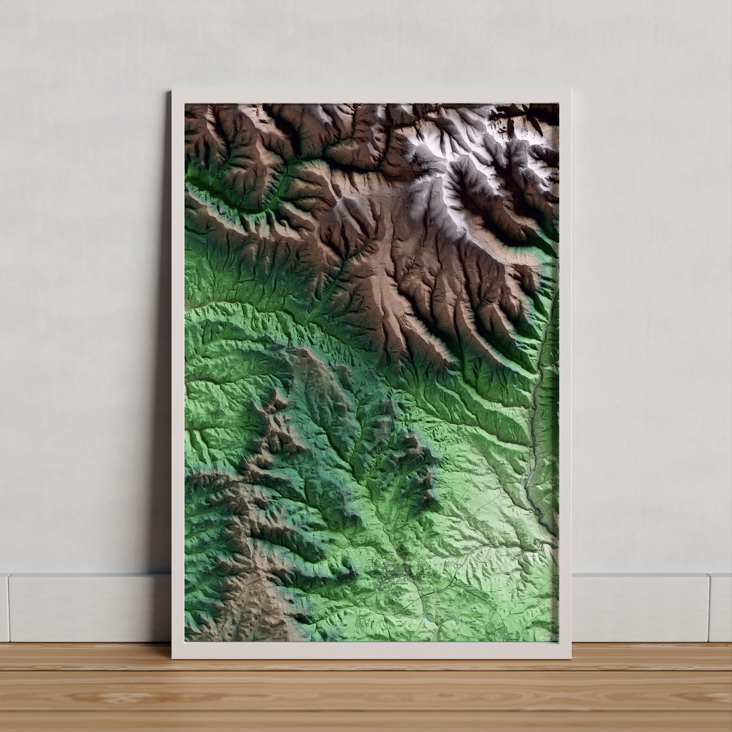 Mapa artístico del relieve de Lladurs, al Solsonès, con 15 km de entorno y base topográfica ICGC. Presentación enmarcada.