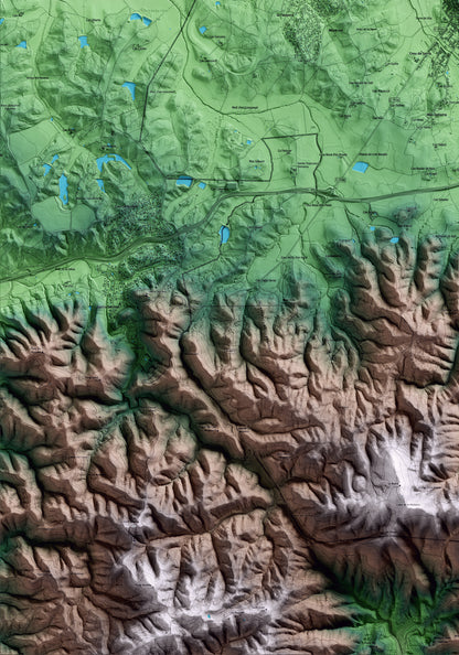 Mapa artístico del relieve de Llagostera, al Gironès, con 15 km de entorno y base topográfica ICGC. Detalle de la zona inferior izquierda.