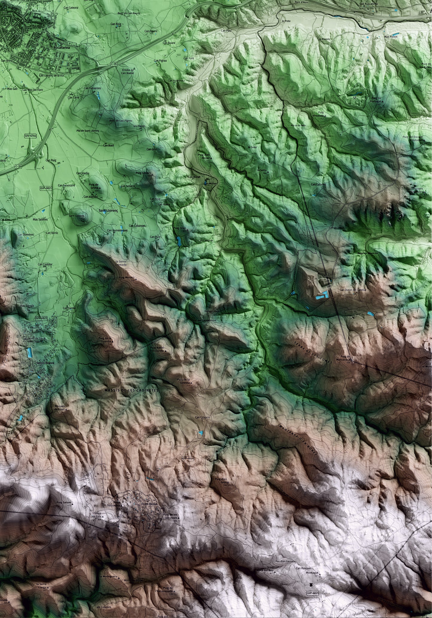 Mapa artístico del relieve de Llagostera, al Gironès, con 15 km de entorno y base topográfica ICGC. Detalle de la zona inferior derecha.