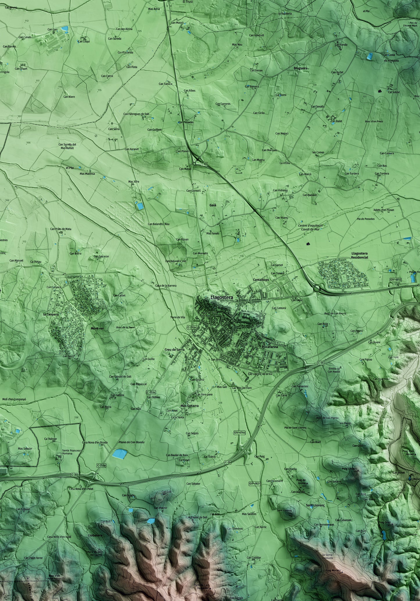 Mapa artístico del relieve de Llagostera, al Gironès, con 15 km de entorno y base topográfica ICGC. Detalle de la zona central.