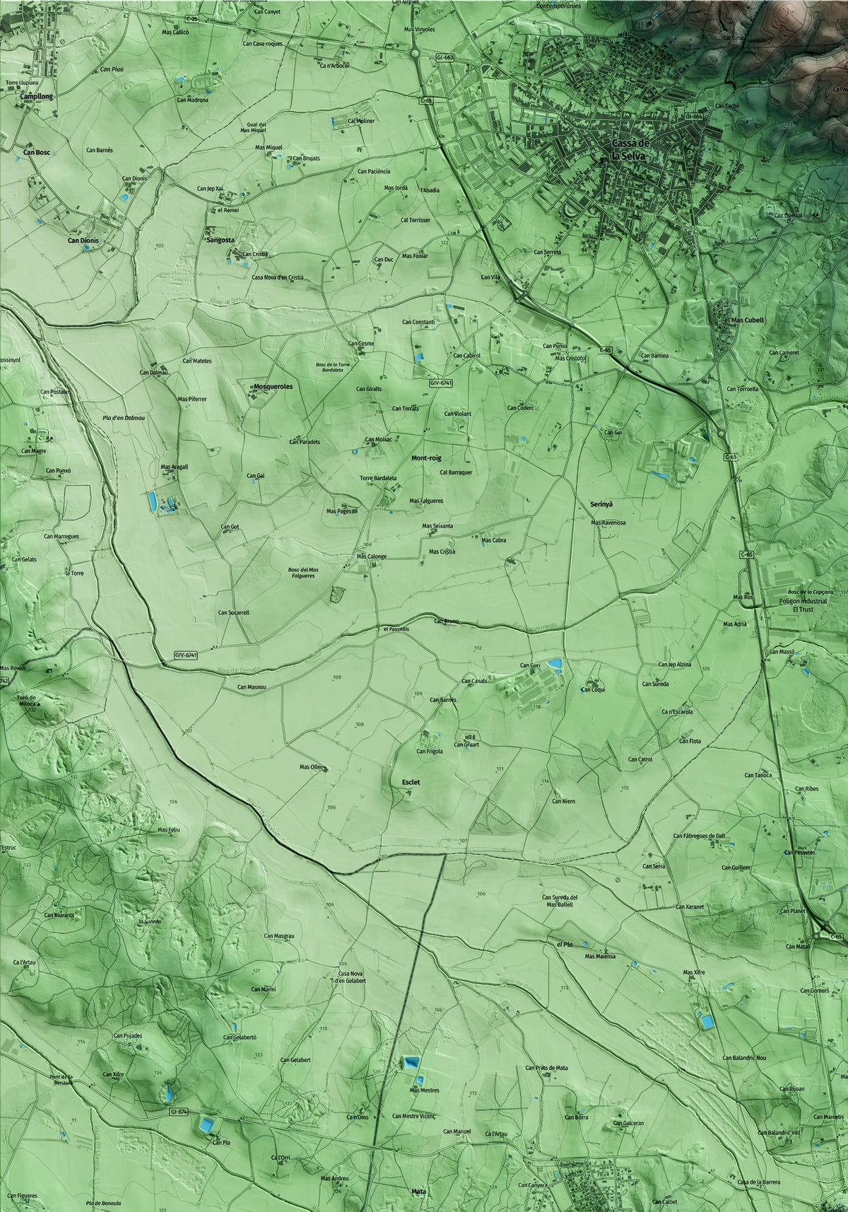 Mapa artístico del relieve de Llagostera, al Gironès, con 15 km de entorno y base topográfica ICGC. Detalle de la zona superior izquierda.